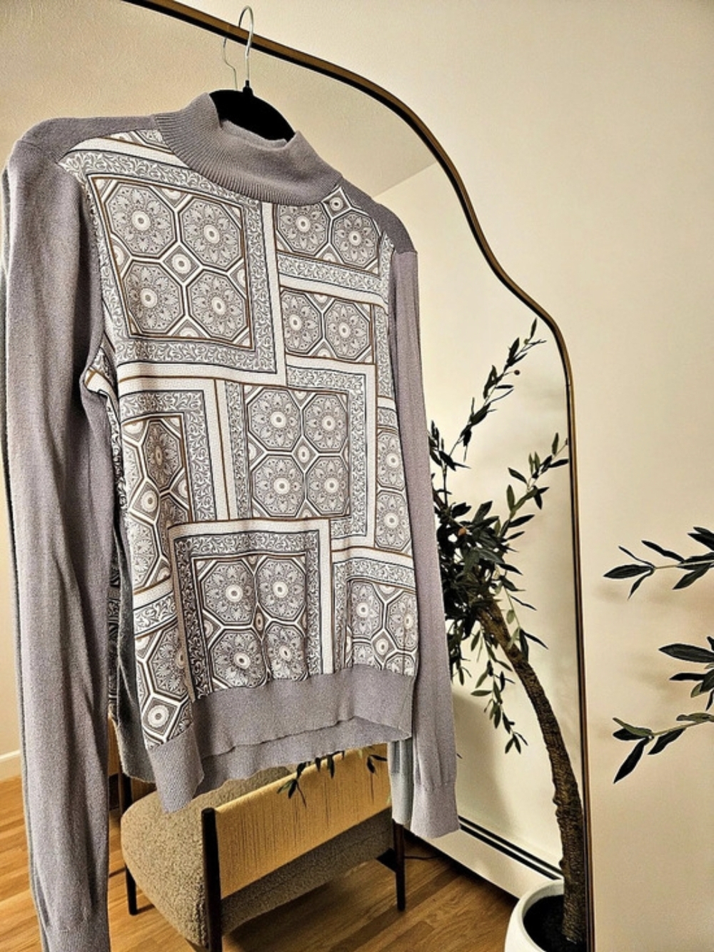 Mock-Neck Stitched Patterned Sweater Gray & Brown
